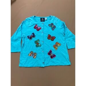Michael Simon Event Womens Butterfly Cardigan Sequin Embellished Top XL Blue